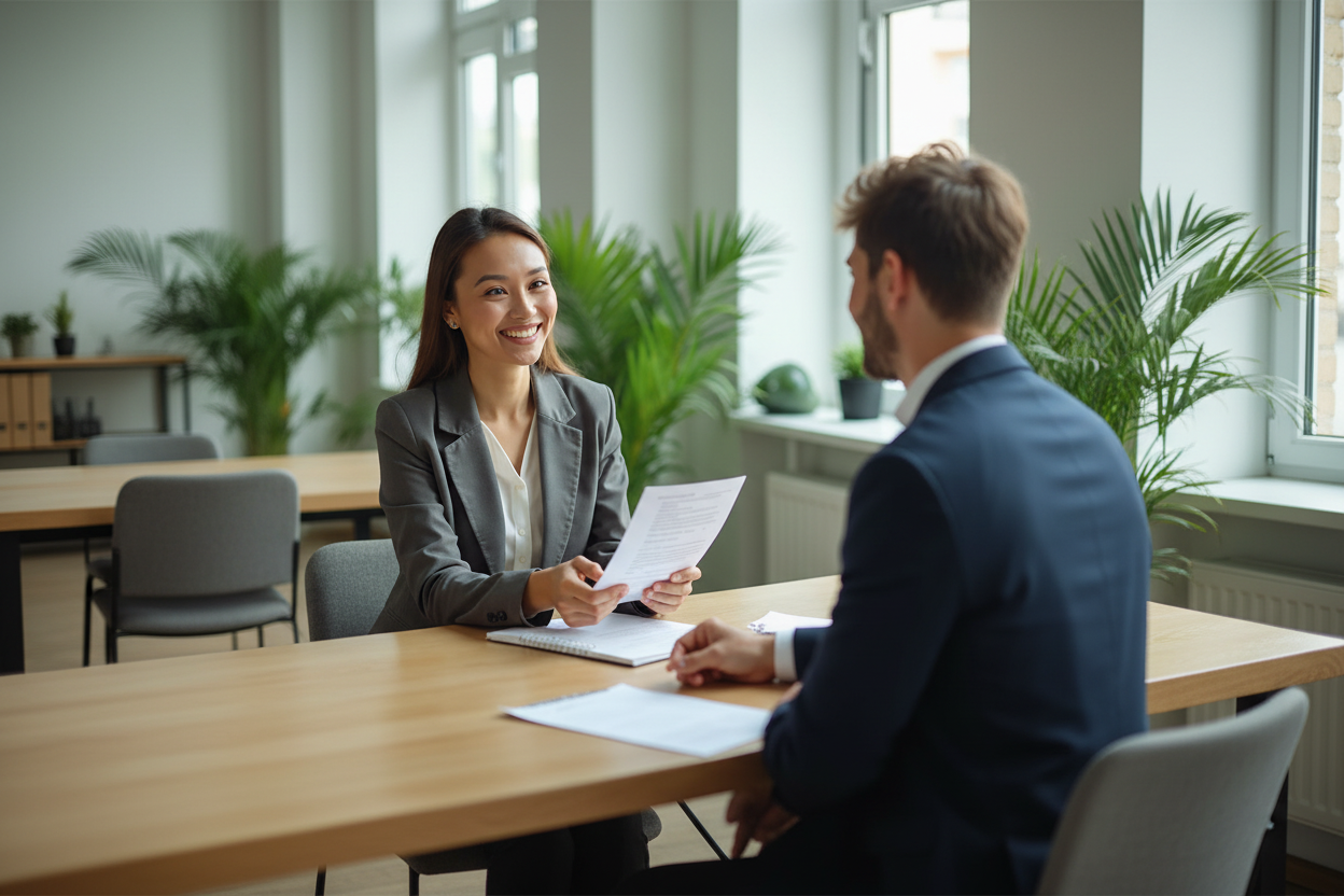 Interviewer holding a CV Owl resume and congratulating a candidate on getting the job